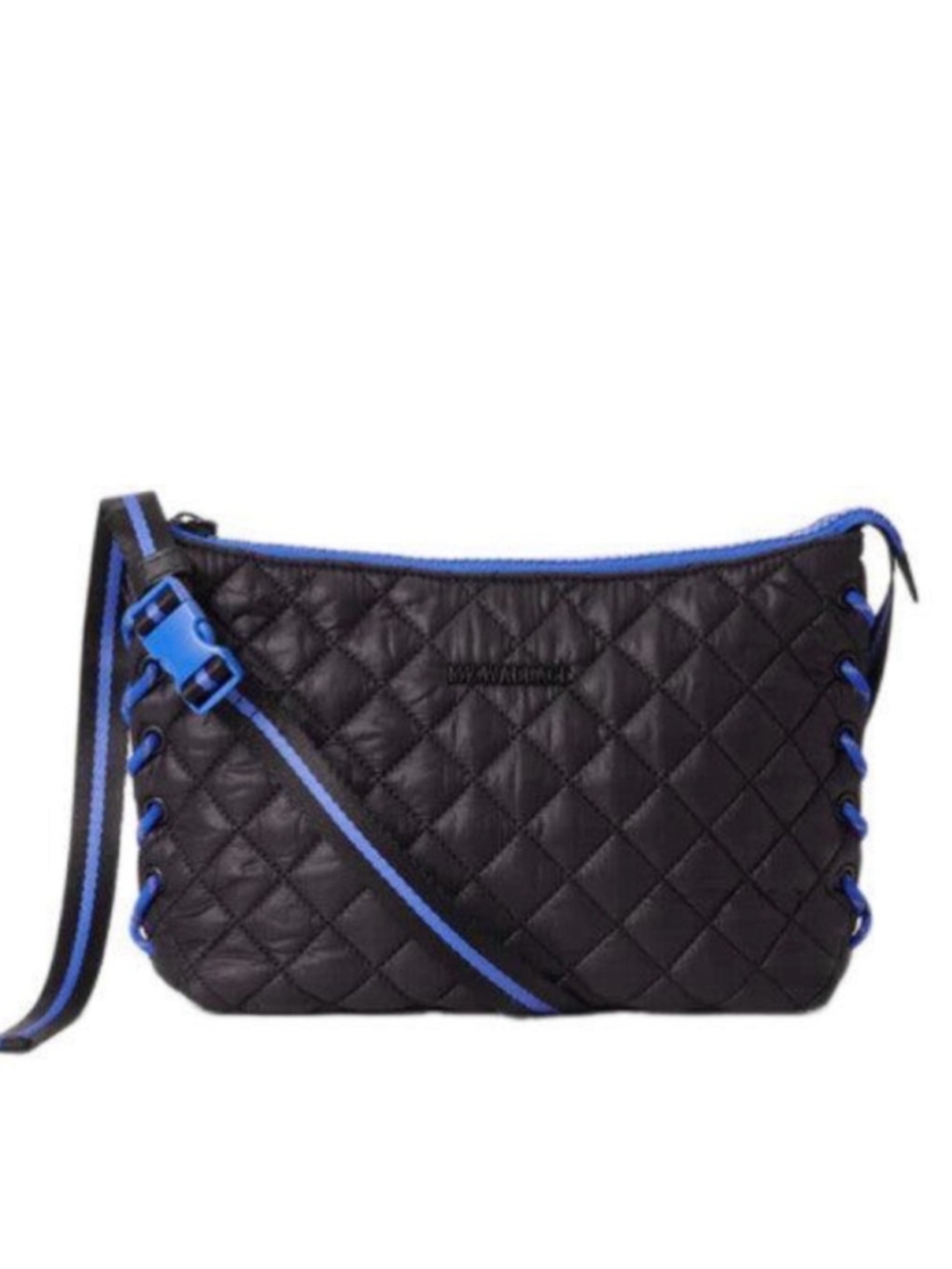 MZ Wallace Black Cobalt Small Lace Up Crossbody Bag Quilted Nylon